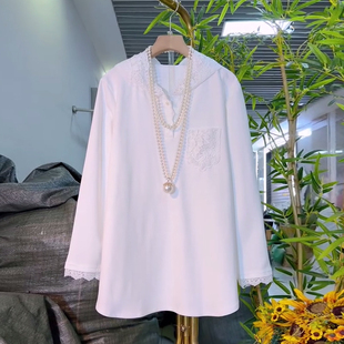 大码女装蕾丝连帽长袖小衫宽松遮肚子胖妹妹2026早春新款百搭上衣