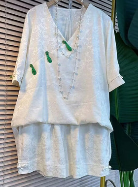 加肥大码女装V领绿色盘扣暗花短袖上衣胖妹妹松紧腰宽松遮胯短裤