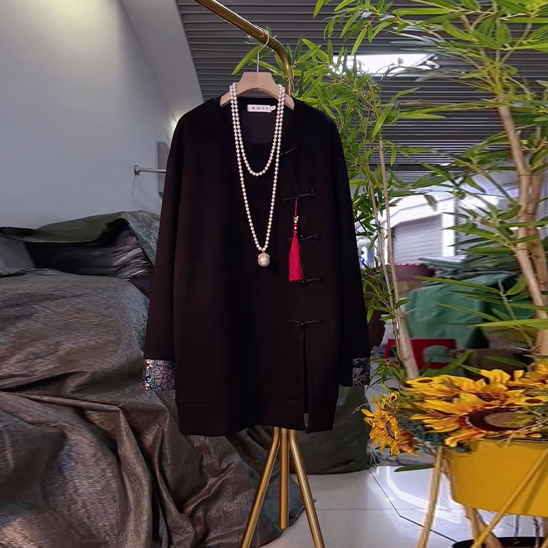 大码女装拼色袖口斜盘扣圆领上衣胖妹妹气质复古风洋气秋冬款大衫,女装/女士精品,大码内搭,淘宝优惠券,粉丝福利购,淘宝优惠卷