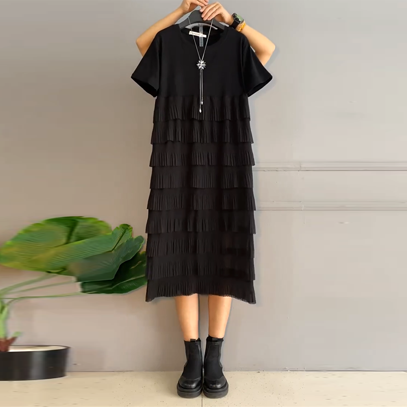 领多层百褶飞边蛋糕连衣裙-