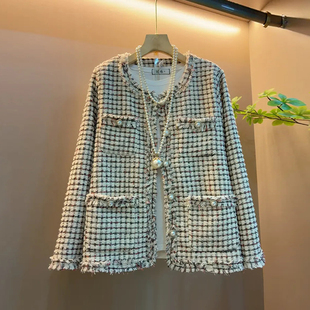 大码女装圆领毛边长袖小香风外套胖妹妹2026早春新款百搭洋气上衣