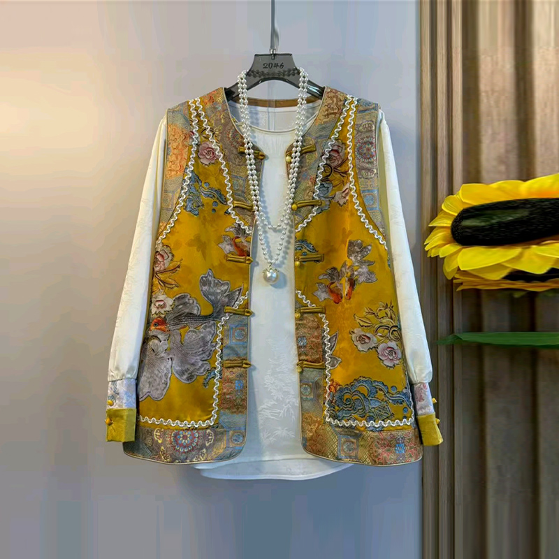 大码女装盘扣国风马甲暗纹小衫