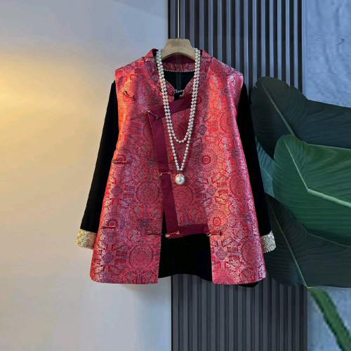 立领盘扣花纹国风马甲拼袖口小衫