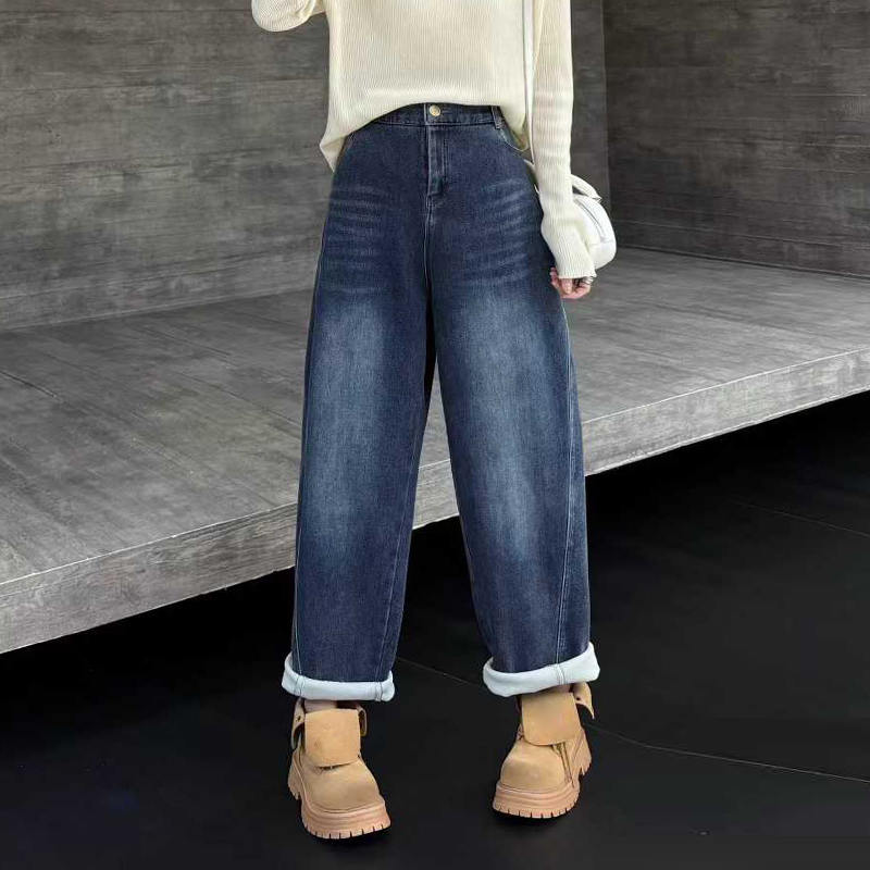 后腰松紧加绒牛仔裤子