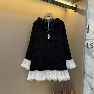 气质宽松遮肚子巴蒂大衫 胖妹妹拼色蕾丝底摆长袖 女装 大码 上衣法式