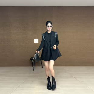 加肥翻领拼皮袖口马甲短裤胖妹妹气质设计感两件套圆领长袖打底衫