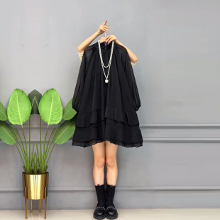 中长款 女装 黑色简约气质连衣裙 雪纺裙宽松遮肚子大码 加肥立领长袖