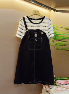 加大码女装单侧背带假两件连衣裙胖妹妹夏季款条纹短袖圆领休闲裙