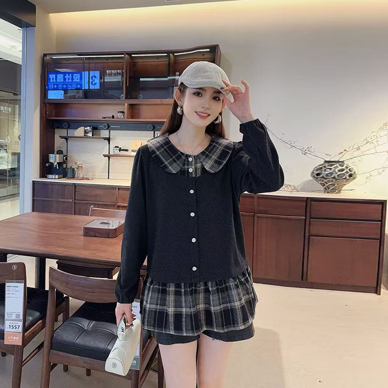 韩版大码女装淑女风秋季百搭小衫胖MM拼色格子翻领长袖假两件上衣