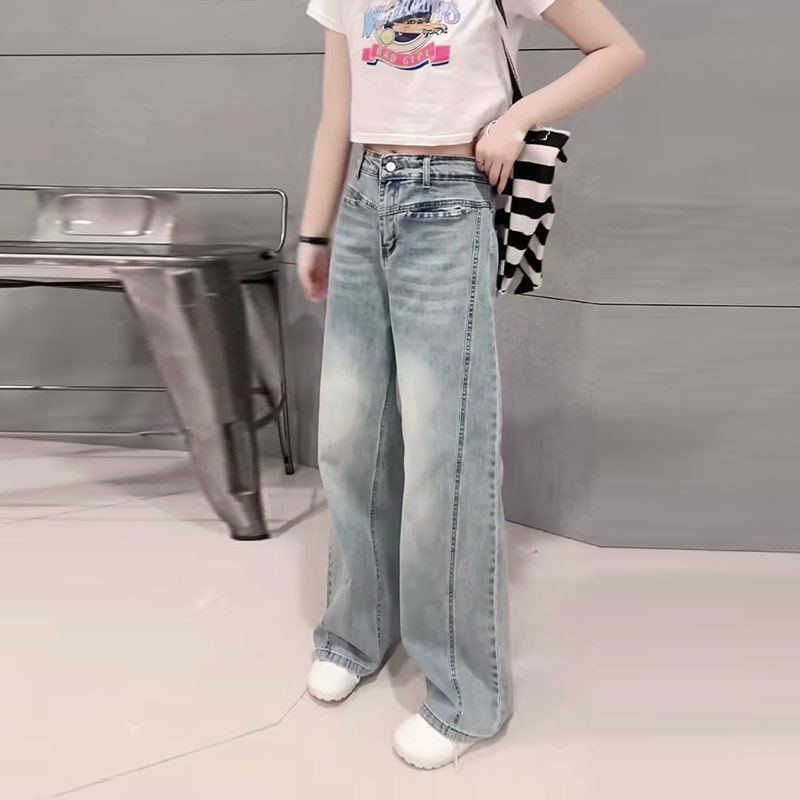 大码女装斜压线牛仔长裤欧洲站时尚减龄设计感胖妹妹显瘦宽松裤子,女装/女士精品,大码裤装,淘宝优惠券,粉丝福利购,淘宝优惠卷