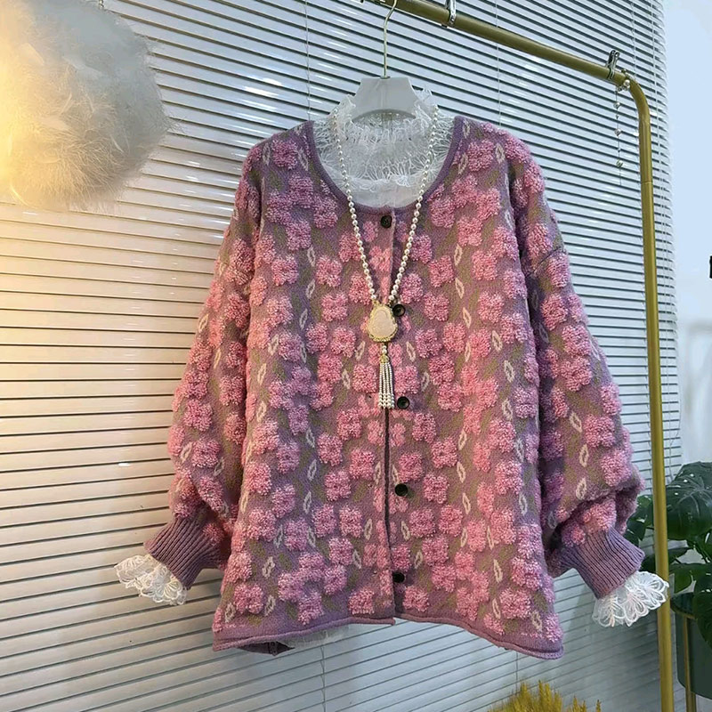 大码女装植绒花朵开衫外套