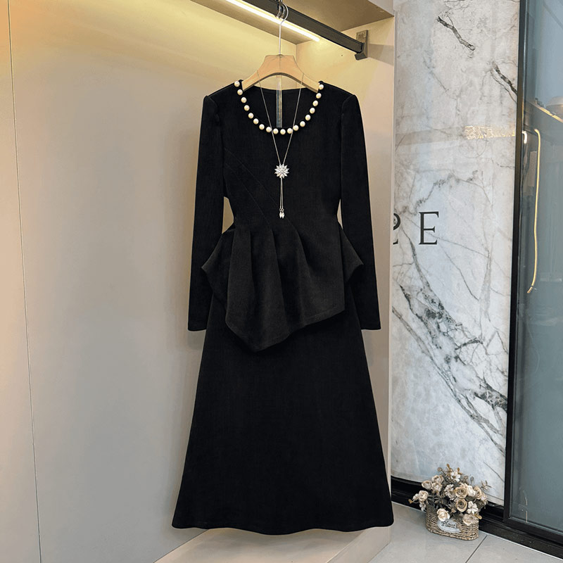 钉珠领长袖收腰上衣半身裙套装