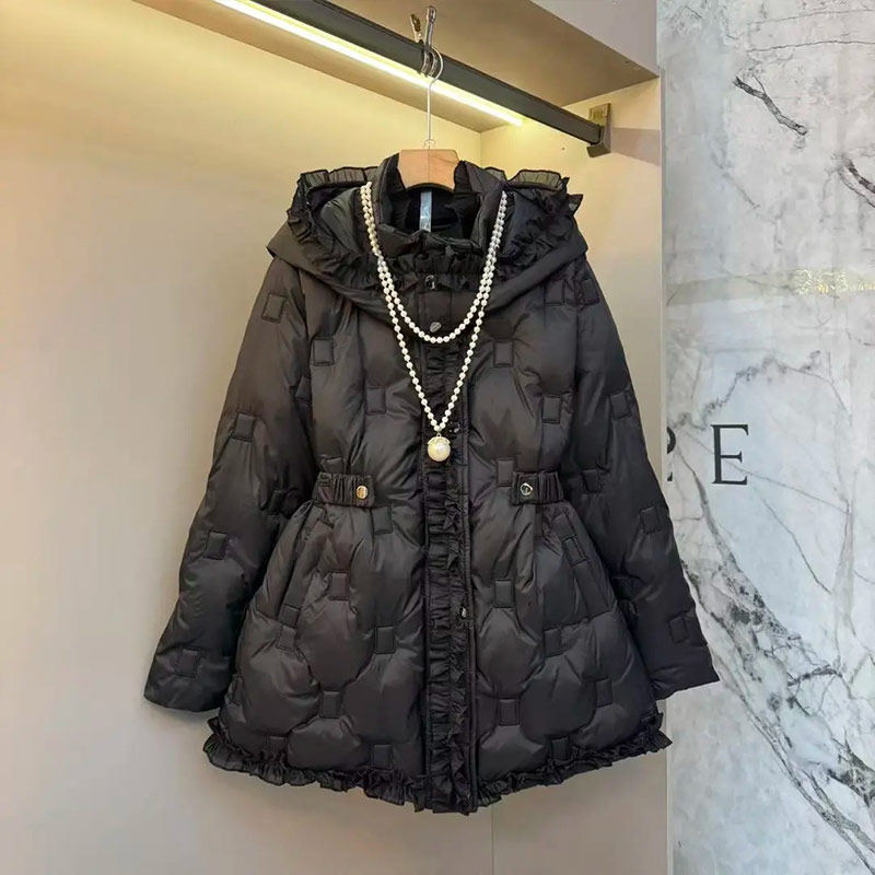 连帽荷叶边松紧收腰长袖棉服