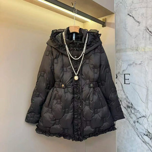 黑色显瘦中长款 款 外套 棉服胖妹妹冬季 加肥连帽荷叶边松紧收腰长袖