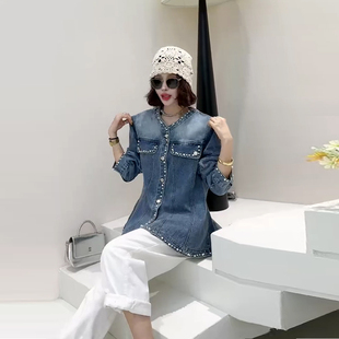 胖妹妹加肥V领钉珠边牛仔外套2026早春新款大码女装时尚欧货上衣