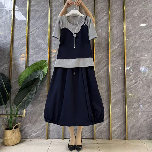 拼色单侧吊带短袖上衣半身裙套装