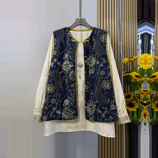口暗花小衫 加大码 设计感百搭拼色袖 亮钻花国风马甲胖妹妹韩版 女装
