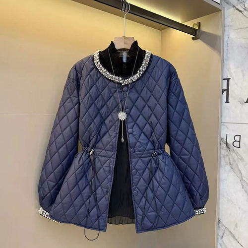 加肥钉珠立领收腰长袖棉服