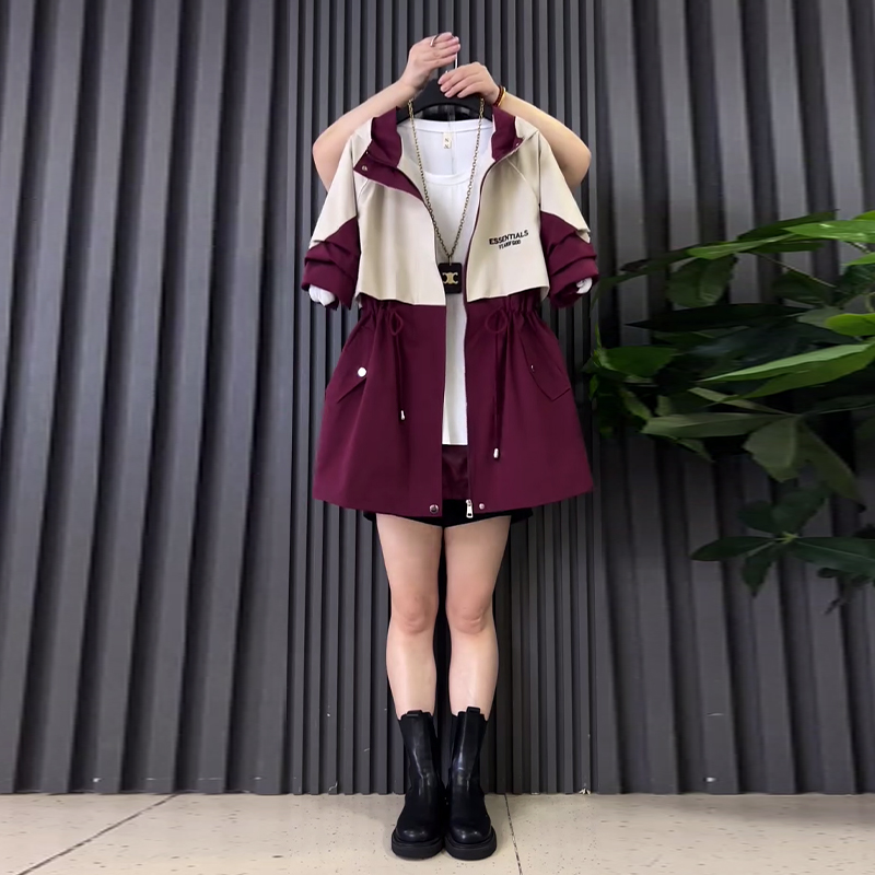 拼色收腰长袖中长款风衣外套上衣