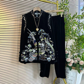 女装 长袖 打底衫 大码 马甲立领盘扣马甲松紧腰宽松遮胯休闲百搭长裤