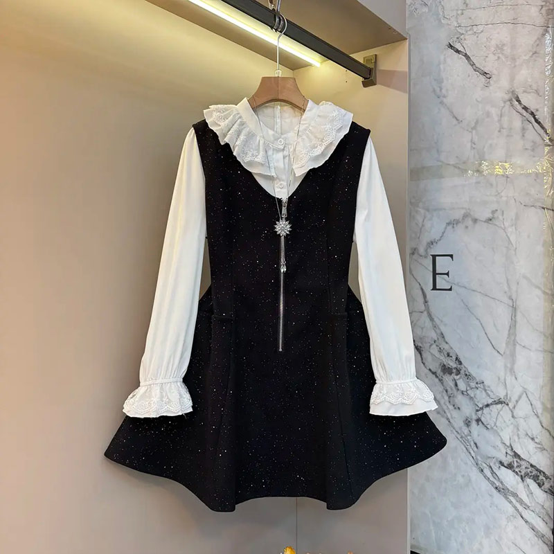 微喇袖口打底衫两件套拉链马甲裙