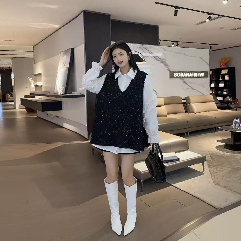 V领马甲微喇袖口翻领衬衫