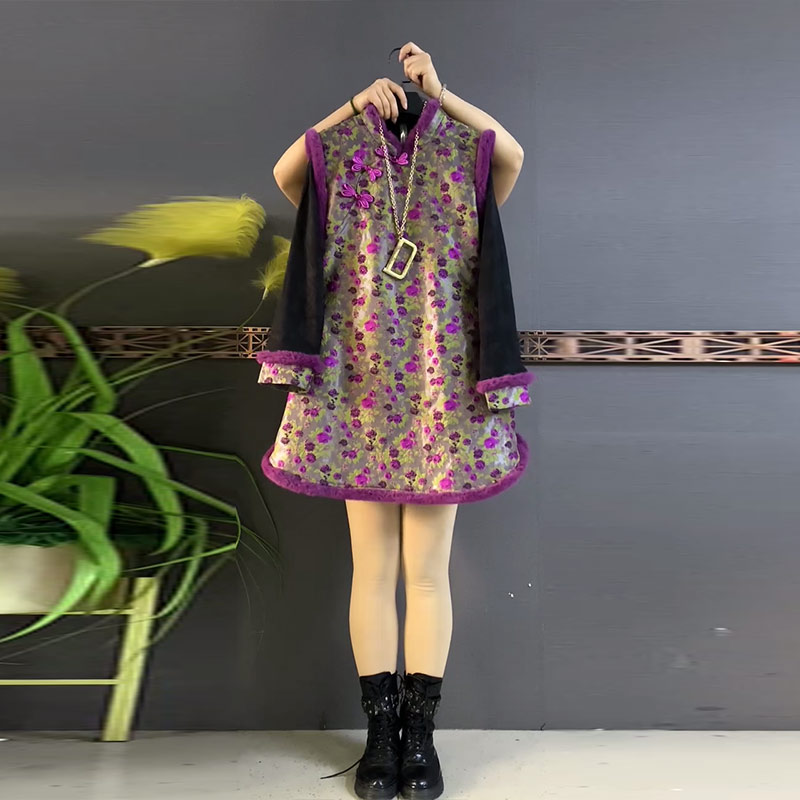 拼色袖口两件套毛毛边花纹马甲裙