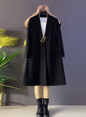 胖MM洋气V领长款黑色外套220斤大码女装时尚百搭显瘦简约长袖上衣