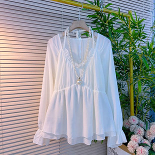 胖MM加肥系带领微喇袖 小众设计甜美减龄淑女风大码 女装 上衣 口小衫