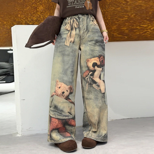 加肥女后腰松紧卡通图案牛仔长裤 子 胖妹妹气质街头欧货洋气阔腿裤