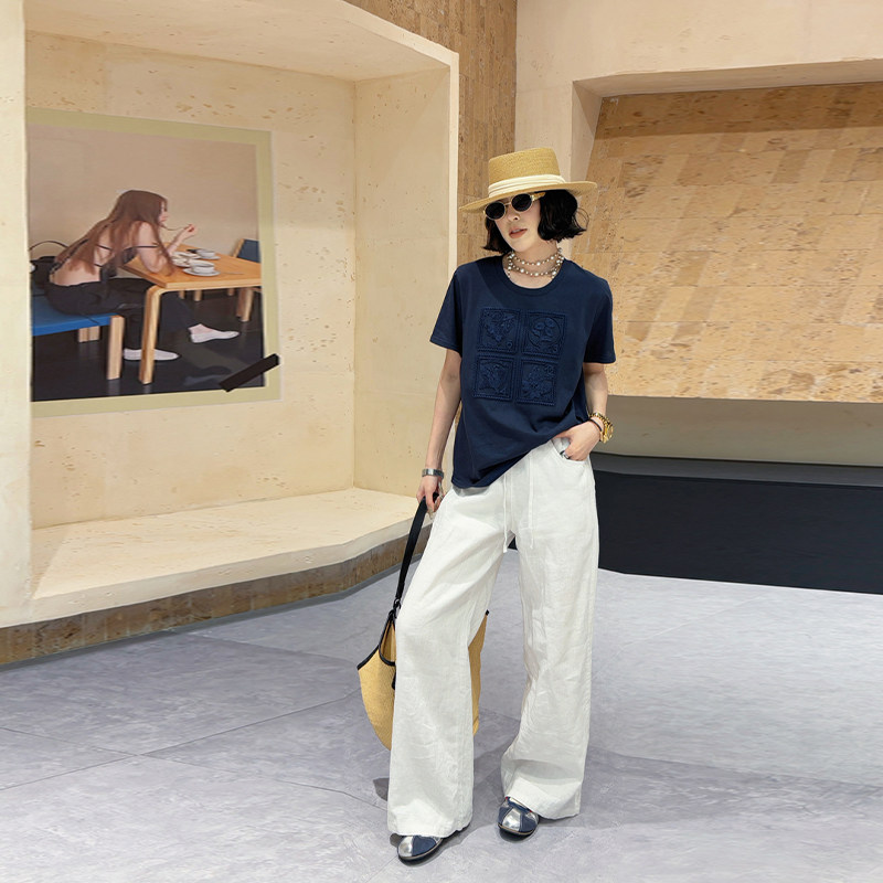 胖妹妹圆领短袖花纹上衣2026早春新款大码女装韩版百搭休闲T恤衫