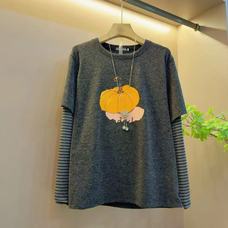 胖妹妹拼接条纹长袖假两件上衣