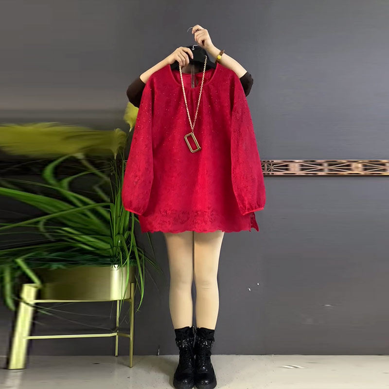 加肥女圆领长袖花纹小衫宽松遮肚子胖妹妹时尚减龄新中式洋气上衣,女装/女士精品,大码内搭,淘宝优惠券,粉丝福利购,淘宝优惠卷