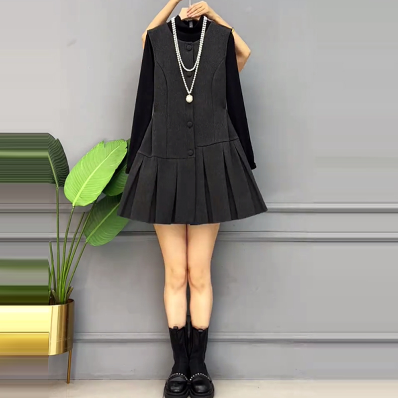 立领长袖上衣百褶裙摆马甲裙套装