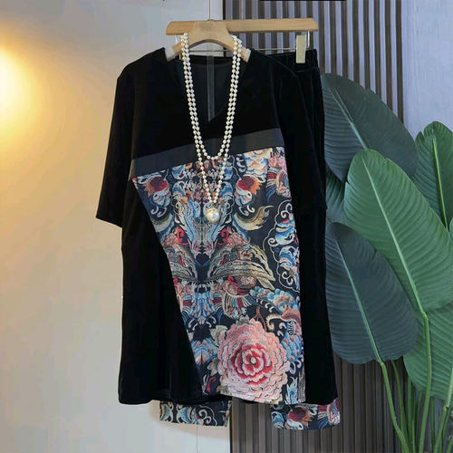 拼色AB版花朵短袖上衣松紧腰裤子