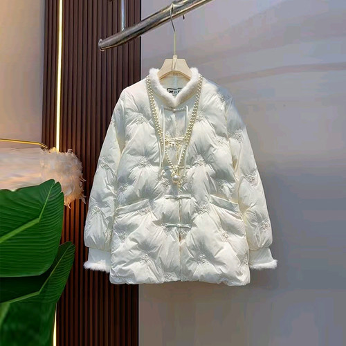 大码女装毛毛立领长袖花朵棉服