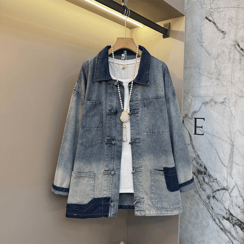 加大码女装翻领长袖牛仔上衣胖妹妹拼色底摆过度色欧洲站洋气外套