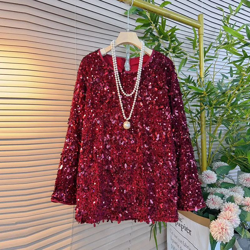 加肥圆领长袖亮片上衣宽松遮肚子大码女装欧洲站洋气减龄百搭小衫,女装/女士精品,大码内搭,淘宝优惠券,粉丝福利购,淘宝优惠卷