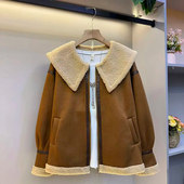 胖MM加肥披肩领长袖 皮毛一体复古上衣 法式 羊羔毛内里外套大码 女装