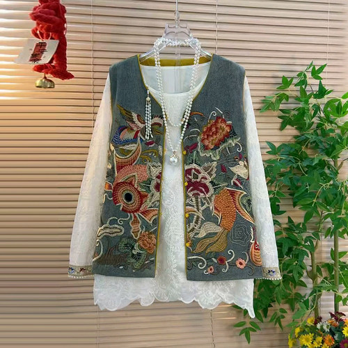 长袖蕾丝花小衫重工刺绣花马甲