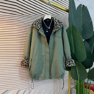 外套韩版 款 大码 宽松冬季 百搭棉服 女装 胖妹妹加肥豹纹毛毛翻领长袖