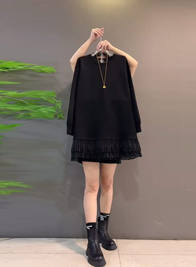 胖妹妹加肥拼接底摆长袖上衣宽松遮肚子大码女装黑色显瘦百搭小衫