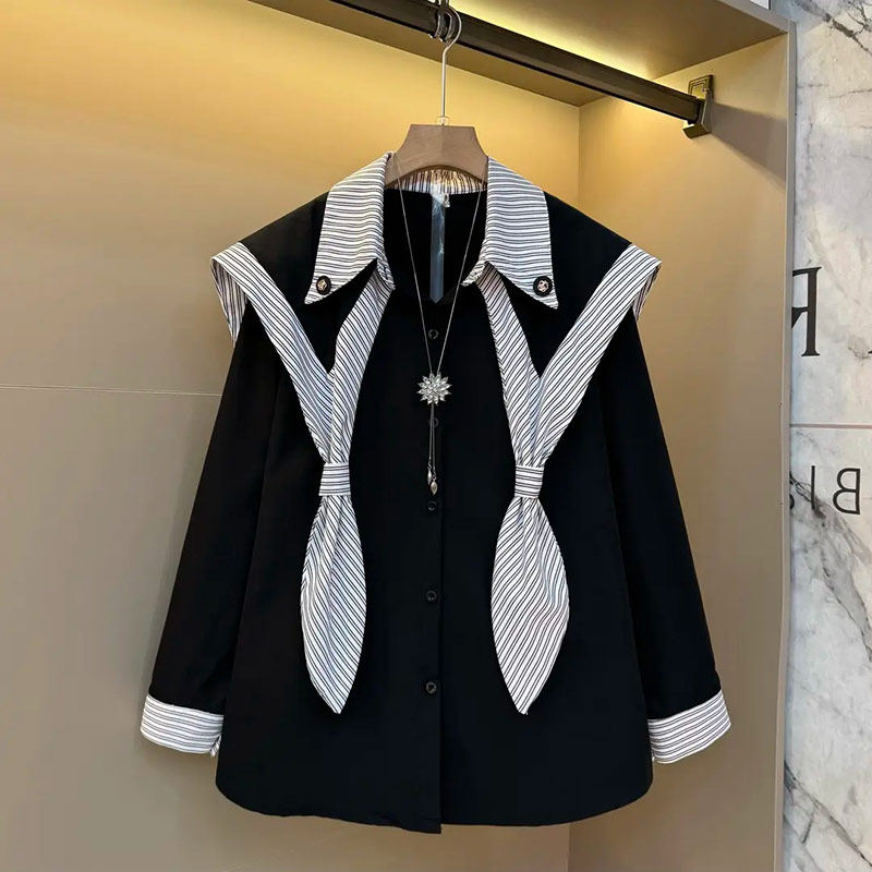 大码女装拼条纹边披肩翻领长袖衬衫胖妹妹欧洲站时尚减龄百搭上衣,女装/女士精品,大码内搭,淘宝优惠券,粉丝福利购,淘宝优惠卷
