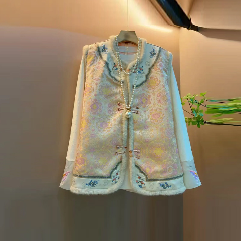 蝴蝶袖口小衫拼色毛边国风马甲