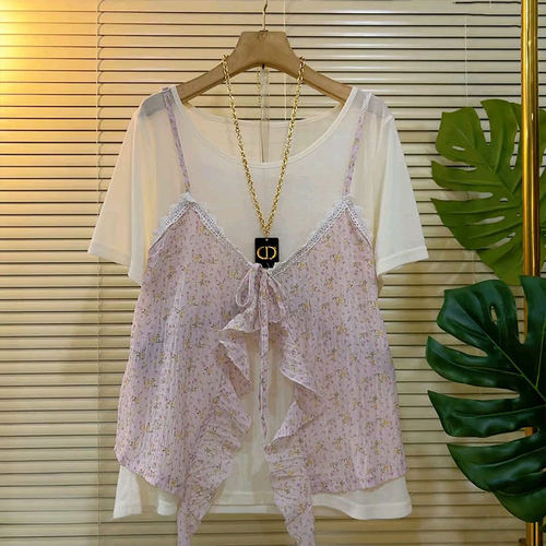 圆领短袖T恤衫碎花吊带背心套装