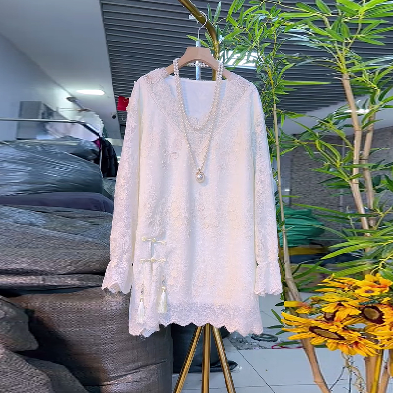 大码女装流苏盘扣长袖蕾丝小衫