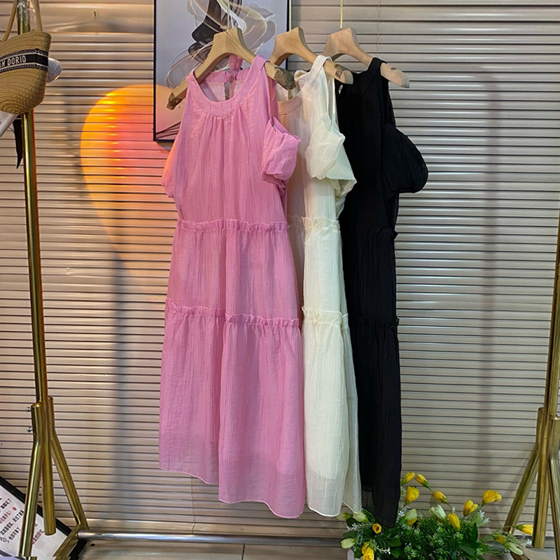 大码女装圆领露肩连衣裙