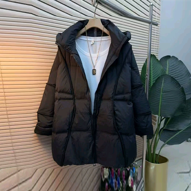 连帽立领长袖中长款羽绒服