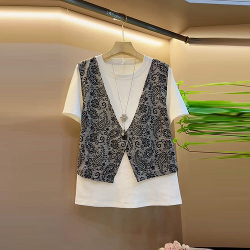 加肥拼色马甲假两件T恤衫