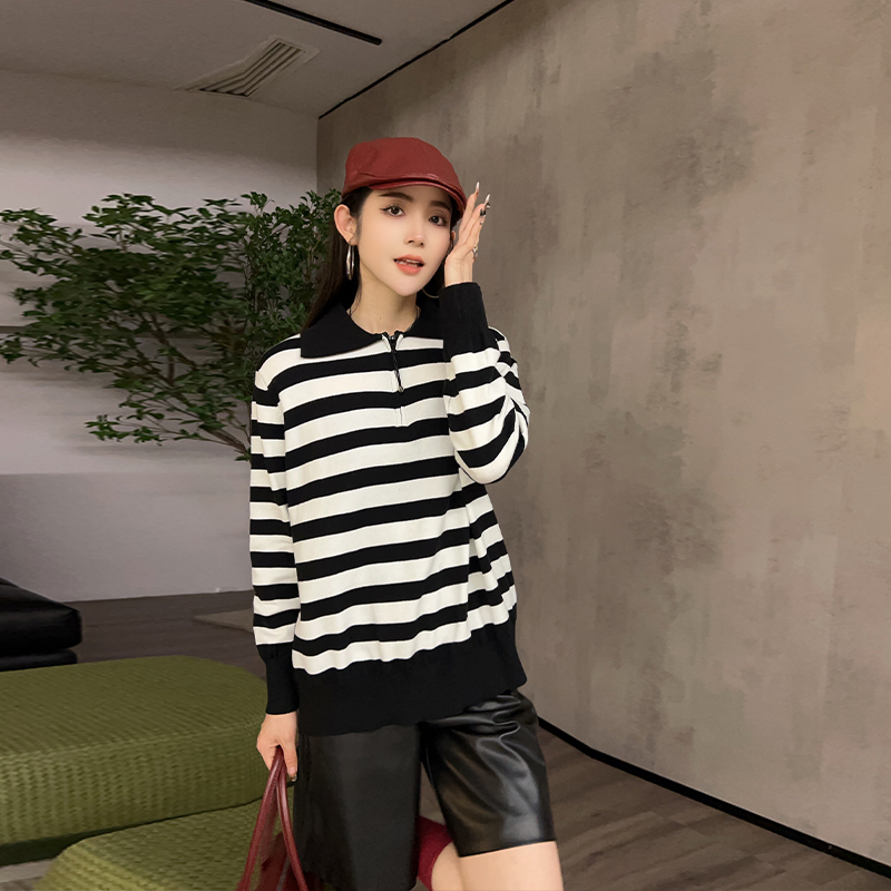 大码女装翻领长袖条纹上衣